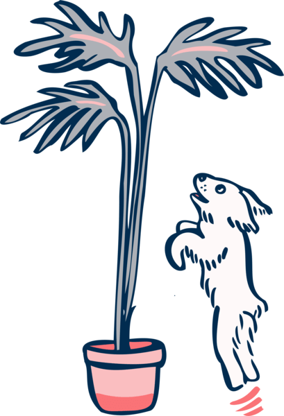 A drawing of a dog jumping towards a plant